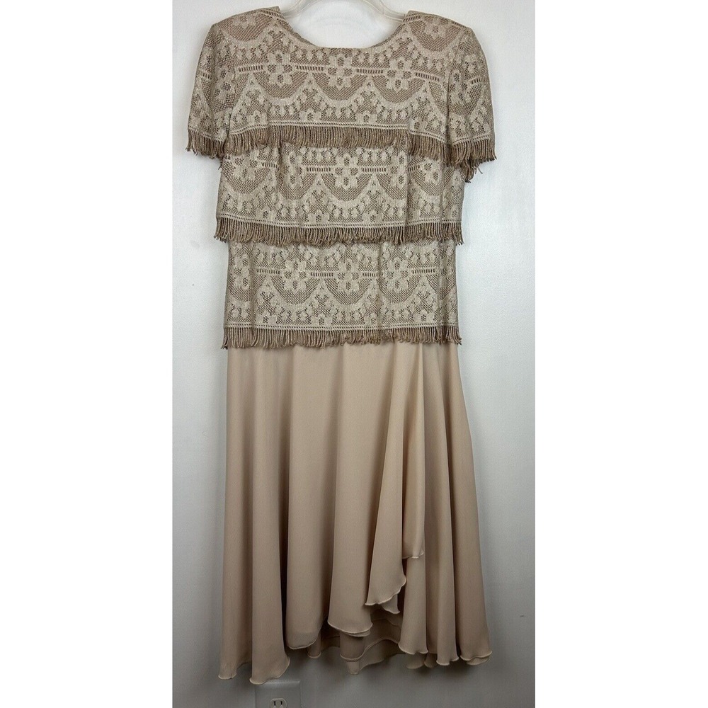 Patra Dress 12 Mother of the Bride Gold Layered Fringe Beige Metallic Thread